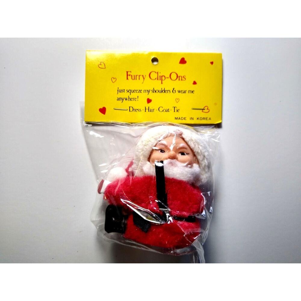 Santa Claus Furry Clip On Christmas Tree Ornament Vintage UNUSED On Header Card